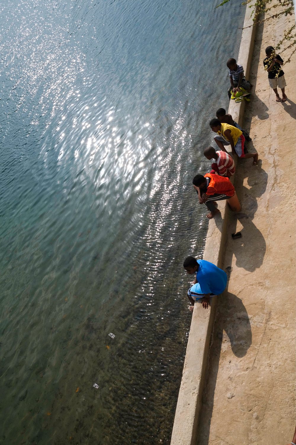 Children gathered along a sunlit harbour wall, looking into the water